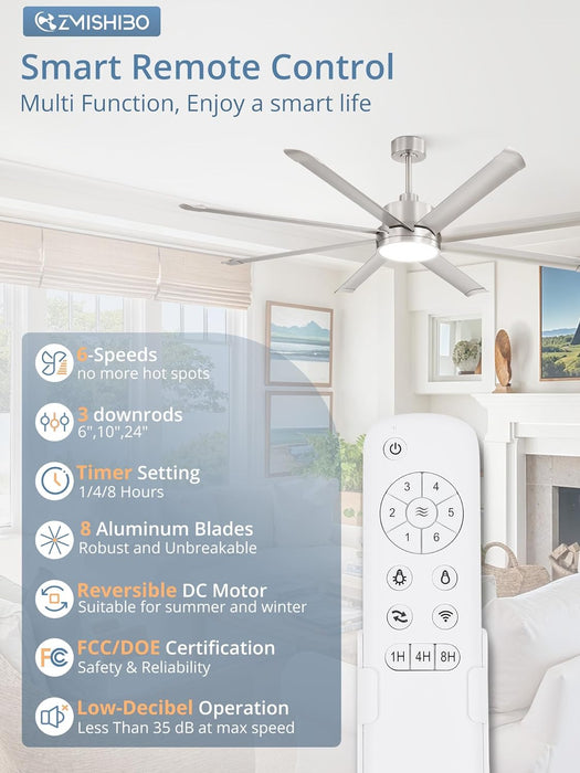 72 Inch Ceiling Fans with Lights, Indoor/Outdoor Industrial Ceiling Fan with 8 Aluminum Reversible Blade, Quiet DC Motor, 3Cct&6-Speed Remote Control, Damp Rated for Living Room/Garage/Gazebo