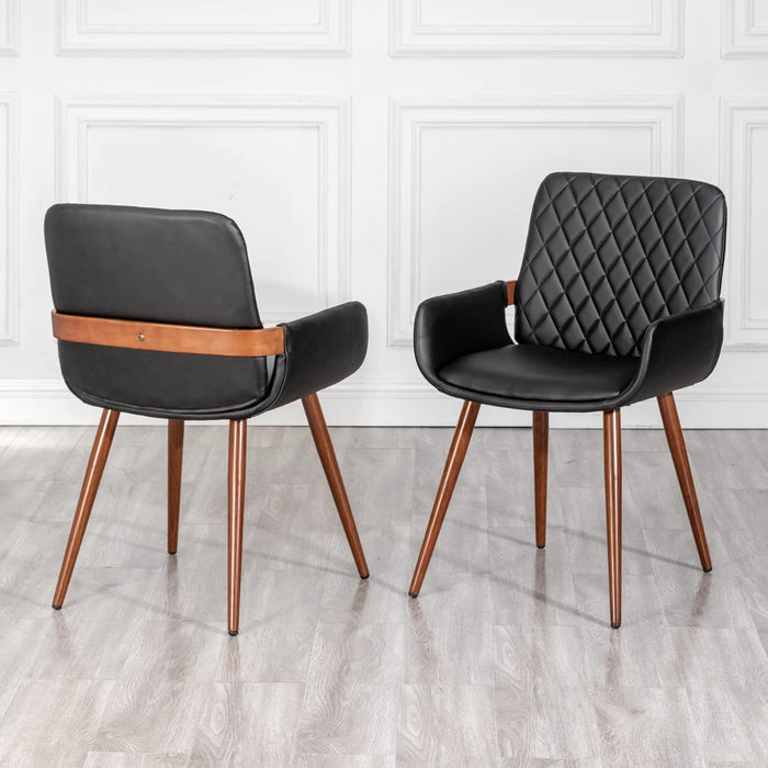 Mid Century Modern Faux Leather Dining Chairs Set of 2, Black, Upholstered Seat, Metal Legs, Adjustable Foot for Kitchen Dining Room Desk Chairs