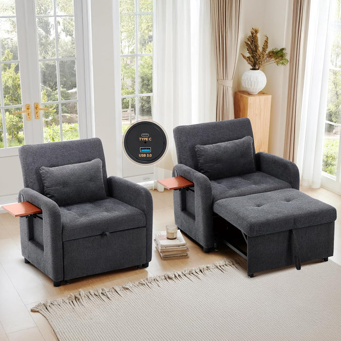 Convertible Sleeper Armchair Charcoal Gray USB Port