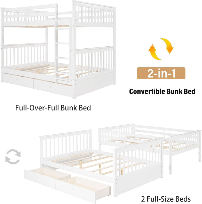 Wood Bunk Bed with Drawers,Convertible Bunk Bed with Ladders and Two Storage Drawers,Solid Wood Detachable Bed Frame with Ladders,Full over Full,White