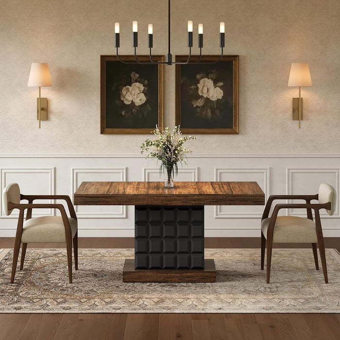 63" Modern Dining Table, Rectangular Dinner Table for 4-6, Farmhouse Kitchen Table, Sturdy Wood Pedestal Base for Kitchen/Dining Room, Rustic Brown & Black