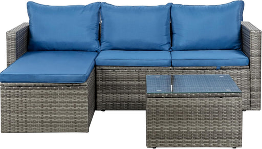 Outdoor Patio Furniture Sets, Small Outdoor Sofa Patio Sectional Sets 3-Piece All Weather Wicker Rattan Patio Seating Sofas with Glass Coffee Table and Cushion (Blue)
