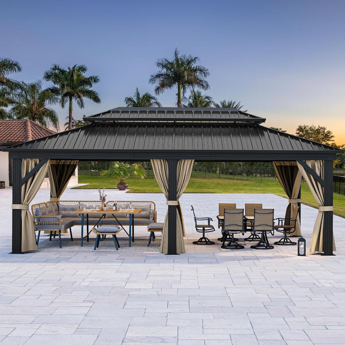 12X20Ft Gazebo Hardtop Canopy Heavy Duty Double Roof Outdoor W/Nettings and Curtains, Upgraded Aluminum Column Galvanized Steel Vertical Stripes Roof for Patio, Backyard, Deck, Lawns, Brown