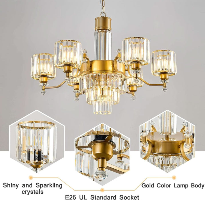 7-Light Modern Large Crystal Chandelier Gold Adjustable Hanging Pendant Light Vintage Farmhouse Ceiling Light Fixture for Living Room Dining Room Bedroom Foyer Entryway Staircase