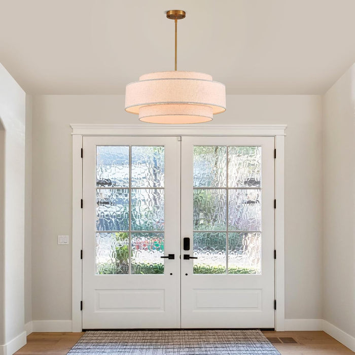 Extraordinary Brushed Gold Drum Chandelier Linen Shade