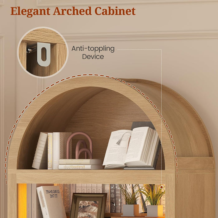 79.4" Tall Arched Cabinet,Bookcase with Storage,Mid-Century Modern 7-Tier Bookshelf with RGB Light,2 Book Risers,Adjustable Shelf Offering More Space for Living Room,Kitchen,Home Office(Oak)