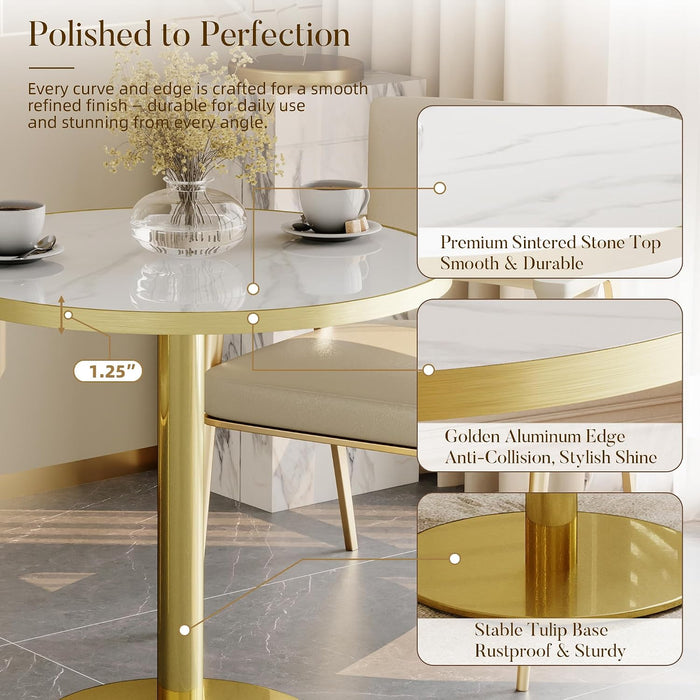 31.5" Circle Tulip Table with Sintered Stone Tabletop, Gold Edge & Pedestal | Modern round Dining Table, Leisure Bistro Table for Kitchen, Small Places, Living Room, Cafe, Restaurant (Snow Peak Marble)