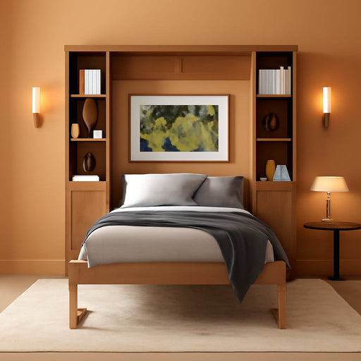 Queen Size Murphy Bed with Each Side 3-Tier Open Storage Shelves, Space Saving Wooden Wall Murphy Bed Cabinet with 2 Cabinets for Storage, No Box Spring Needed, Wood Color