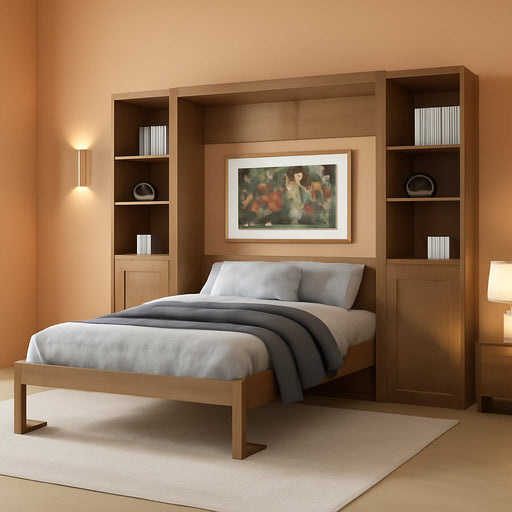 Queen Size Murphy Bed with Storage, Foldable Platform Bed Frame with Open Storage Shelves and Cabinets, Solid Wood Space Saving Cabinet Murphy Bed for Guest Room Office, No Box Spring Needed