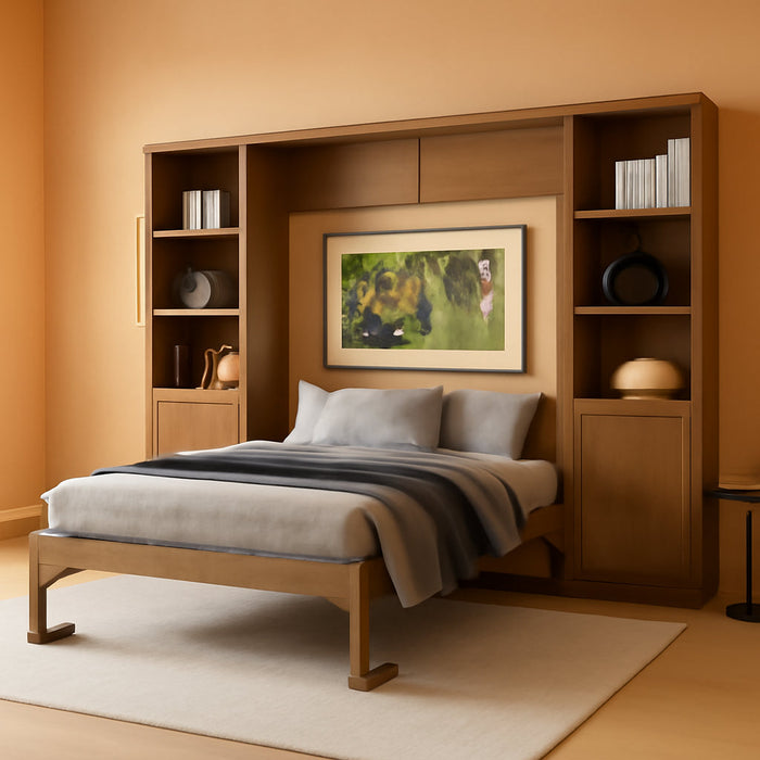 Queen Size Murphy Bed, Farmhouse Wall Bed Frame with Storage Shelves and Cabinets, Can Be Folded into a Cabinet, No Box Spring Needed, Wood