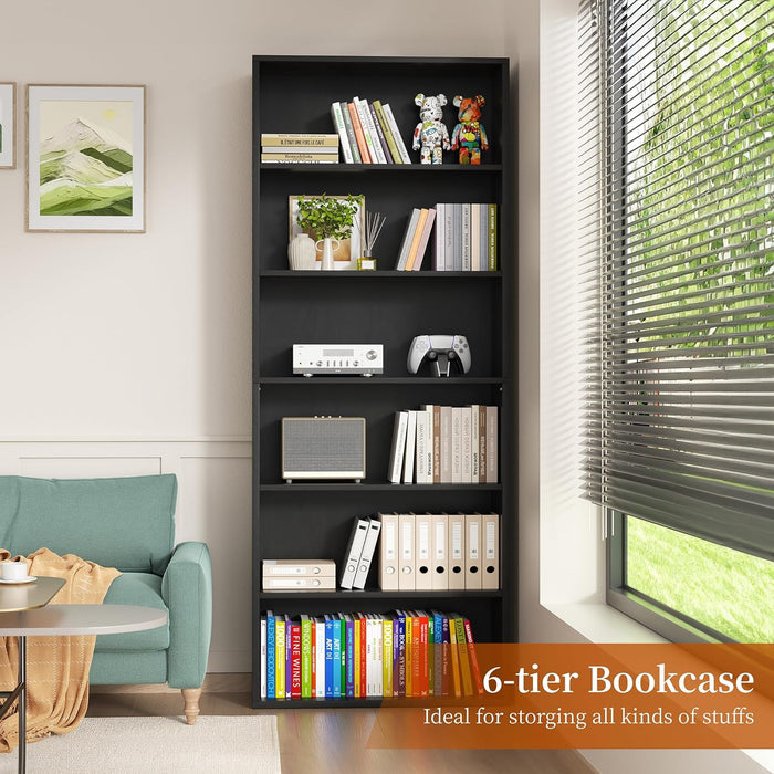 6-Tier Open Bookcase and Bookshelf, Floor Standing Wood Display Storage Shelves 71 Inch Tall Bookcase Home Decor Furniture for Home Office, Living Room, Bed Room, Black