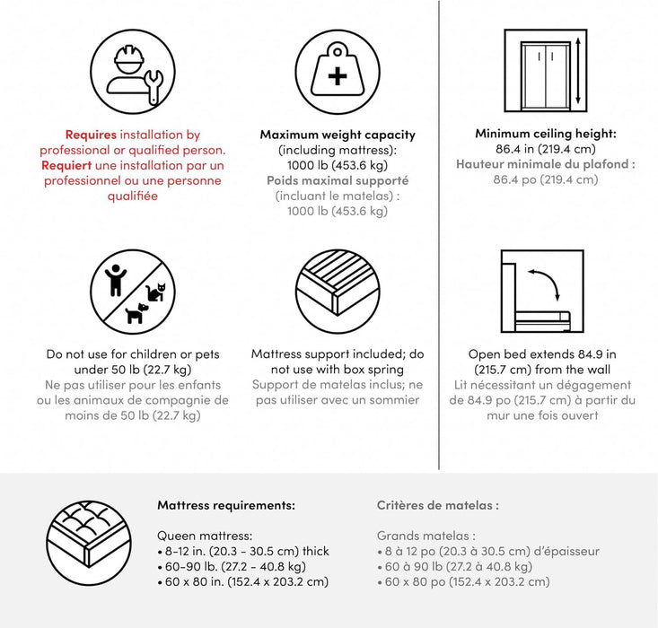 Pur Queen Murphy Bed, 65-Inch Space-Saving Sleeping Arrangement for Multipurpose Area, Bedroom, Guest Room, or Living Room