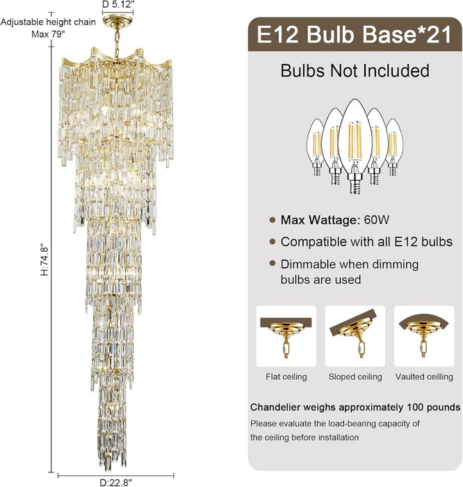 79" Large High Ceiling Chandelier, 21-Light Gold Long Staircase Chandeliers Luxury Foyer Chandelier Top K9 Crystal Tiered Ceiling Light Fixture for Staircase Entryway Hallway Living Room