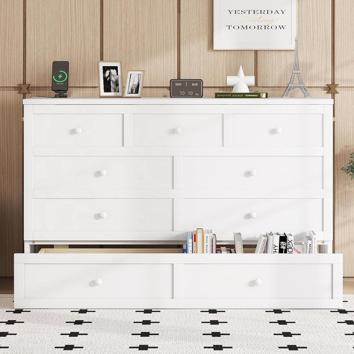 Queen Size Cabinet Murphy Bed with Charging Station and Drawers, Multiple Storage Foldable Hideaway Wall Murphy Bed Frame with Solid Slat, No Box Spring Needed, Easy Assembly, for Bedroom, White