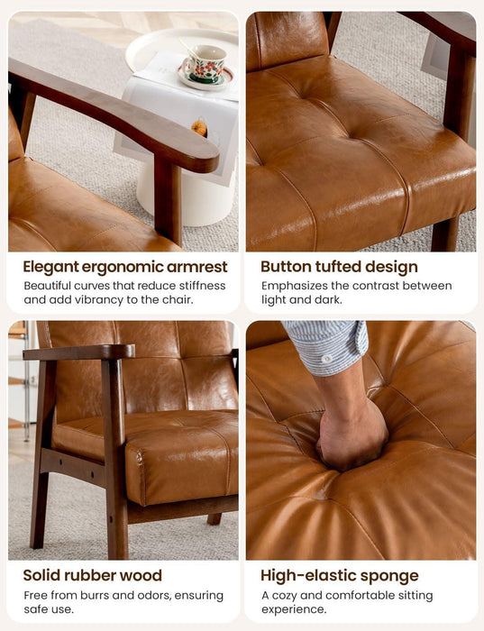 Mid Century Leather Accent Chairs, Modern Small Arm Chair for Living Room, Office Waiting Room Lobby Chair with Wooden Arms, Brown Accent Reading Chairs Set for Bedroom