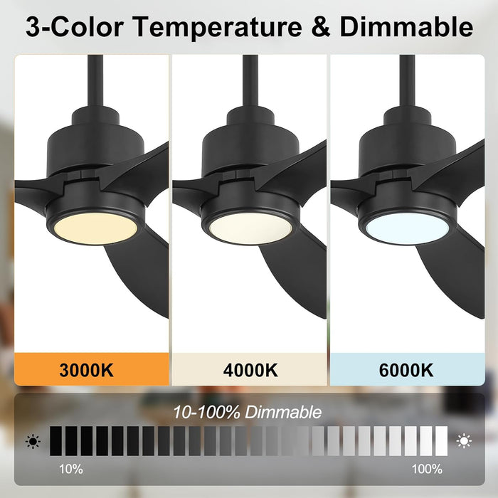 48" Outdoor Ceiling Fans with Lights, Wet Rated Waterproof Indoor Ceiling Fan with Remote, 3 ABS Blades Modern Ceiling Fan, 3CCT, Quiet 6-Speed DC Motor, for Porch Patio Bathroom, Black