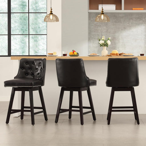 Swivel Bar Stools Counter Height, 26" Faux Leather Upholstered Swivel Counter Stools with Back Set of 3, Modern Kitchen Island Stools with Solid Wood Legs, Black
