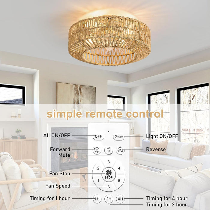 Boho Caged Rattan Fandelier Ceiling Fans with Lights and Remote Control