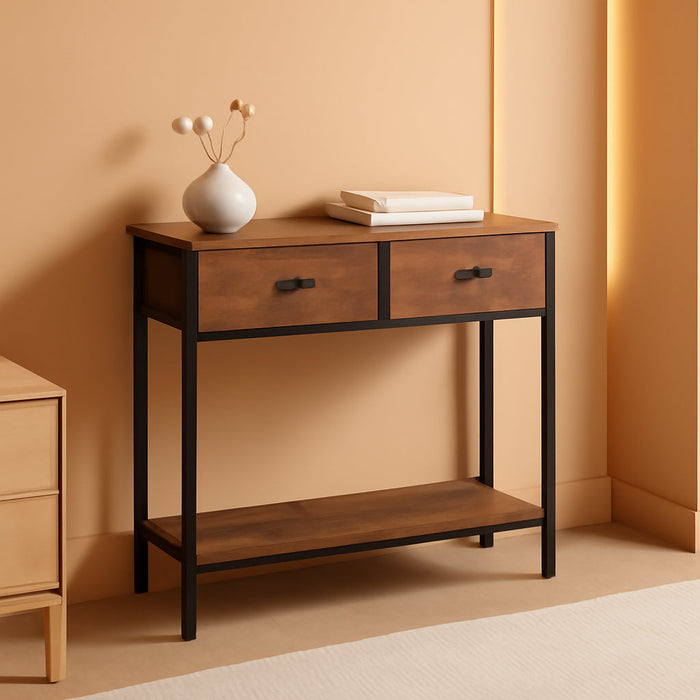29.5" Narrow Console Table with 2 Fabric Drawers, Small Entryway Table with 2-Tier Storage Shelves, Sofa Table, behind Couch Table, for Living Room, Hallway, Rustic Brown and Black BF71XG01