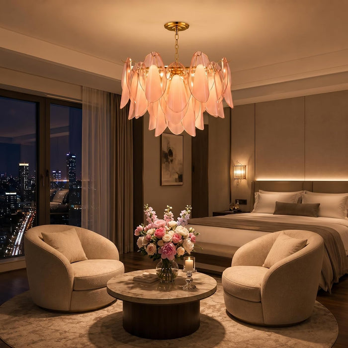 Modern Chandelier, 20" Gold Dining Room Chandelier with Handcrafted Glass Petal Design, 6-Light Hanging Ceiling Light Fixture, 3 Color Adjustable Pendant Lamp for Kitchen Island, Bedroom, Foyer
