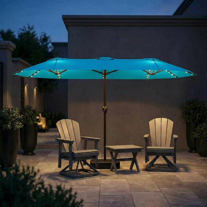 15FT Patio Umbrella with Solar Lights, Double-Sided Extra Large Outdoor Table Umbrella with Base Included, Heavy-Duty 12 Iron Ribs Market Umbrella for Garden, Pool, Backyard, Sky Blue