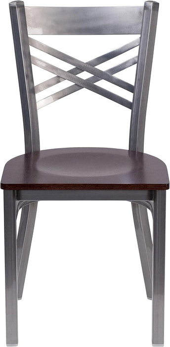 2 Pk. HERCULES Series Clear Coated ''X'' Back Metal Restaurant Chair - Walnut Wood Seat