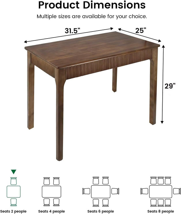 31.5" Solid Wood Dining Room Table, Rectangular Kitchen Real Wooden Table | 2 Person Modern Farmhouse Mid Century Fluted Design Furniture Desk for Home,Small Space,Apartment,Living Room Walnut