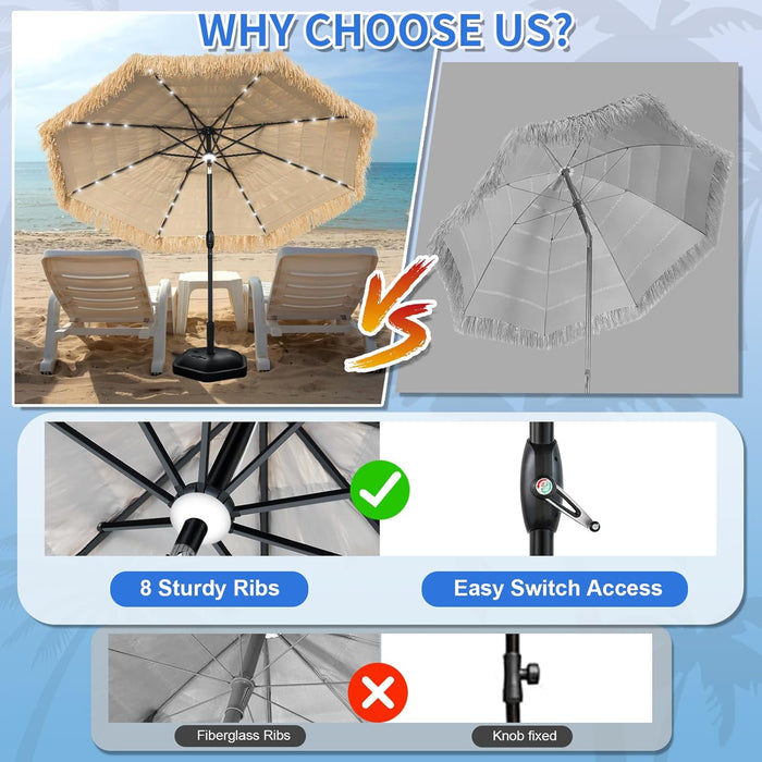 9 FT Solar Thatch Tiki Umbrella, Hawaiian Style Straw Umbrellas with Zinc Alloy Push Button Tilt, UPF 50+ Patio Umbrella,Outdoor Umbrella with 32 LED Lights for Beach, Pool,Garden