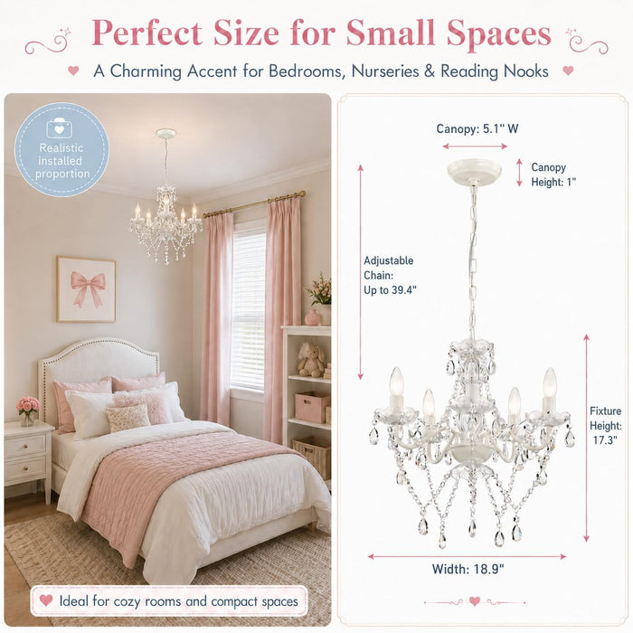 Small White 5-Light Crystal Chandelier, Modern Glass Chandelier Lighting Fixture, Small Chandelier for Bedroom, Dining Room, Living Room, Kitchen, Foyer, Girls Room Ceiling Light