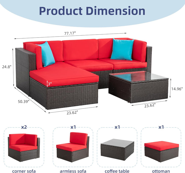 5 Piece Furniture, Small All-Weather Brown PE Wicker Outdoor Couch Sectional Patio Conversation Set Garden Patio Sofa W/Ottoman, Glass Table, Red