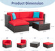5 Piece Furniture, Small All-Weather Brown PE Wicker Outdoor Couch Sectional Patio Conversation Set Garden Patio Sofa W/Ottoman, Glass Table, Red