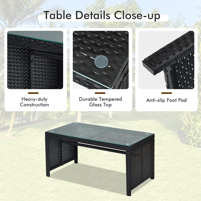 4-Piece Rattan Patio Furniture Set, Outdoor Wicker Conversation Sofa with Weather Resistant Cushions and Tempered Glass Tabletop for Lawn Backyard Pool Garden (White(Black Wicker))