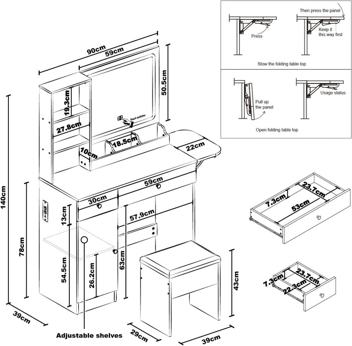 Vanity Desk Set with Mirror and LED Lights, Makeup Table with 2 Drawers & 1 Cabinet, Power Outlet, Storage Cushioned Stool, Dressing Table for Bedroom (White)