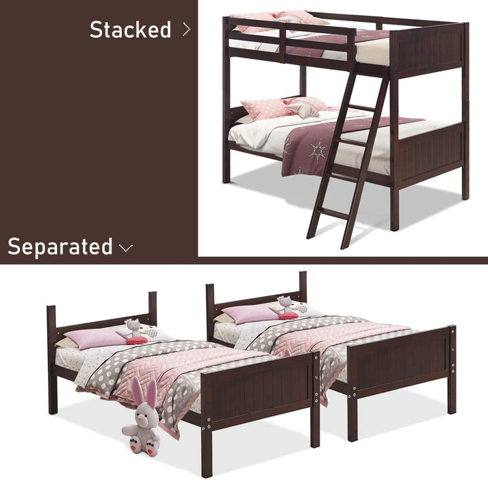 Wood Twin over Twin Bunk Beds Convertible 2 Individual Twin Beds for Kids Children, Solid Rubberwood Bunk Bed with Ladder and Safety Rail (Espresso)