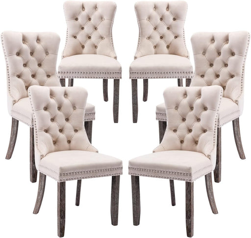 Velvet Dining Chairs Set of 6, Tufted Dining Room Chairs with Button Back, Nailhead Trim, Upholstered Dining Chairs for Kitchen, Bedroom, Restaurant (Beige)