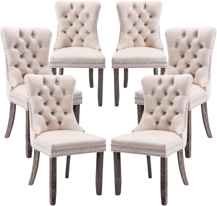 Velvet Dining Chairs Set of 6, Tufted Dining Room Chairs with Button Back, Nailhead Trim, Upholstered Dining Chairs for Kitchen, Bedroom, Restaurant (Beige)