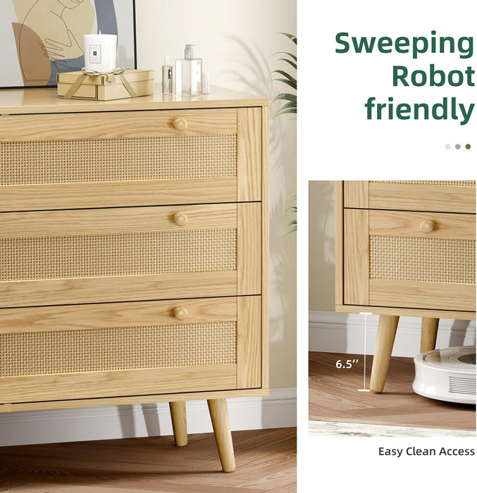 3 Drawer Rattan Dresser for Bedroom, Modern Wooden Dresser Chest with Handles for Bedroom, Hallway and Living Room, Wood Oak