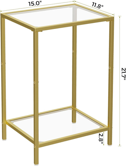 Side Tables Set of 2, End Tables with Tempered Glass, 2-Tier Nightstands with Storage Shelves, Coffee Table with Modern Style, Slim Sofa Table for Living Room, Bedroom, 11.8" D X 15" W, Golden