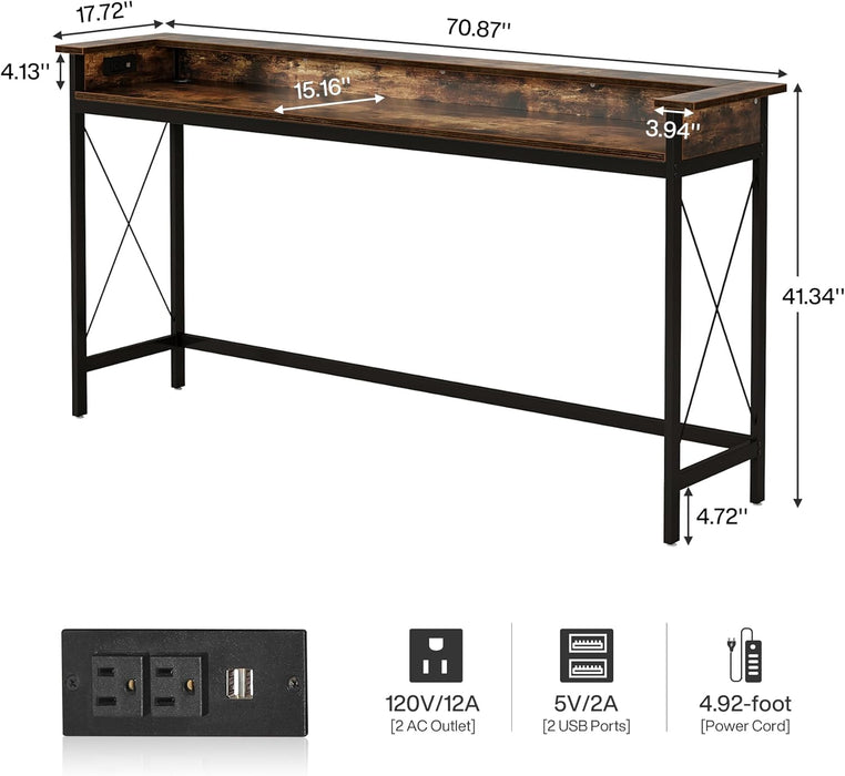 Sofa Table with Outlets and USB Ports, 70.9 Inch Extra Long Console Table behind Couch with Charging Station, Industrial Narrow Entryway Hallway Accent Table for Living Room