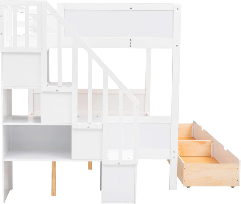 Twin over Full Bunk Bed with Storage Shelves, Stairs, Solid Wood Staiway Bunk Bed Frame with 2 Drawers, for Kids Teens Adults (White)