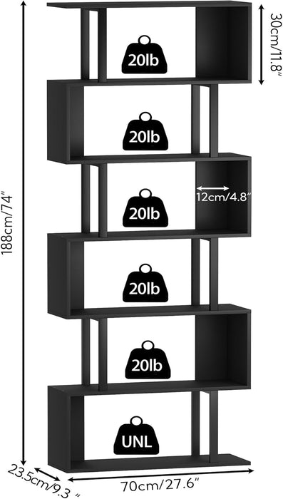 S Shaped Bookshelf, Modern Geometric Bookcase, 6-Tier Black Display Case Book Shelf