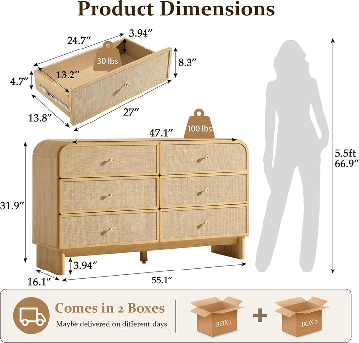 6 Drawer Rattan Dresser for Bedroom 55" Wide Chest of Drawers