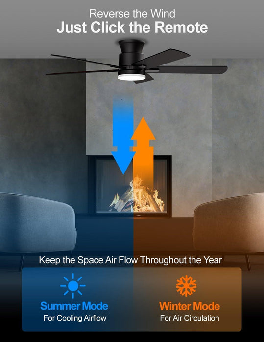 Ceiling Fans with Lights 52 Inch, Flush Mount, Remote Control, 3CCT Dimmable, 6 Speeds, Quiet Reversible DC Motor, Low Profile Hugger Black Ceiling Fan for Bedroom, Living Room, Indoor/Outdoor, ETL