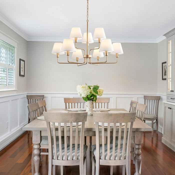 33" Gold Chandelier for Dining Room Light Fixture with White Fabric Shades, 9-Light Brass Modern Farmhouse 2 Tiered High Ceiling Lantern Chandelier Pendant Light for Foyer Entryway Living Room Kitchen