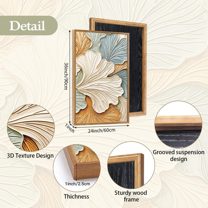 3D Neutral Earth Tone Impasto Ginkgo Leaf Textured Framed Canvas Wall Art Set, Pastel Minimalist Relief Wall Decor, Modern Art Prints for Living Room Hallway Bedroom Home Decor 24"X36"X3