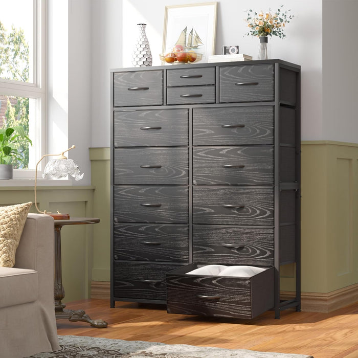 Black Dresser with 10+4 Storage Drawers, Chest of Drawers, Sturdy Metal Frame & Wood Top, Bedroom, Hallway, Closets, Living Room, 52.2" H X 37.4" W X 11.8" D