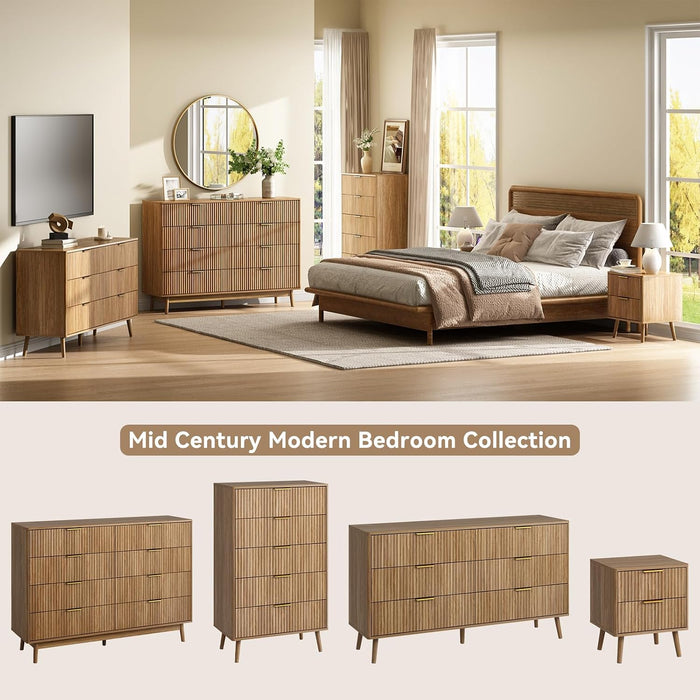 Fluted 6 Drawer Dresser for Bedroom, 55" Wide Wooden Chest of Drawers with Rounded Corners, Gold Handles, Modern Storage Organizer for Bedroom, Hallway(Walnut)