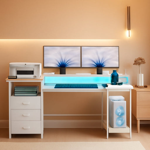 White Computer Desk with 4 Drawers, 60" Long Office Desk with Fabric File Cabinet and Power Outlets, Gaming Desk with LED Lights, Study Writing Work Desk with Shelf for Home Office