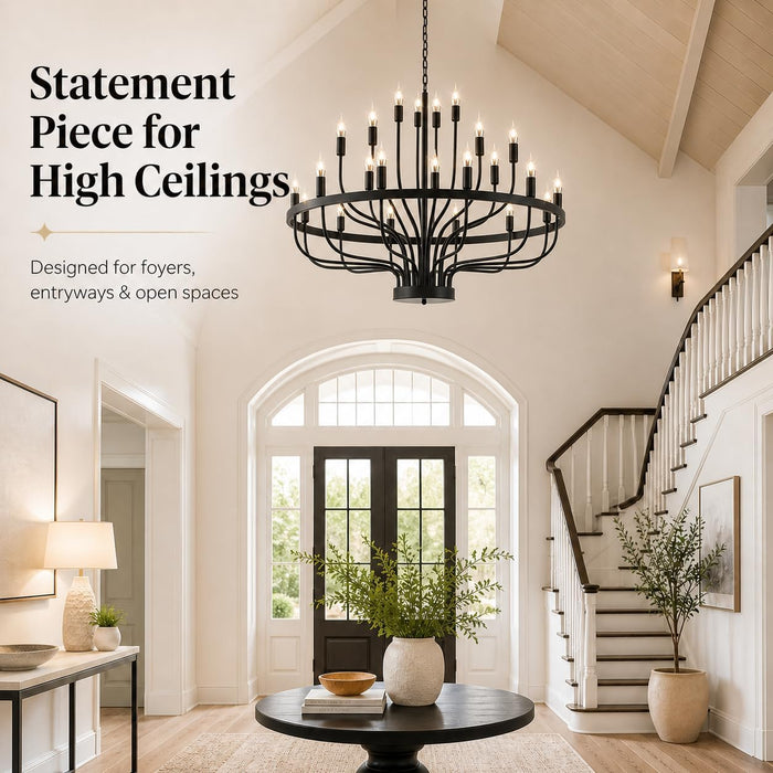 Large Black Chandelier 24-Light, round 39 in Wagon Wheel Light | 3-Tier Farmhouse Candle Pendant with E12 Base for Dining Room, Foyer, Living Room, Hallway, High Ceiling