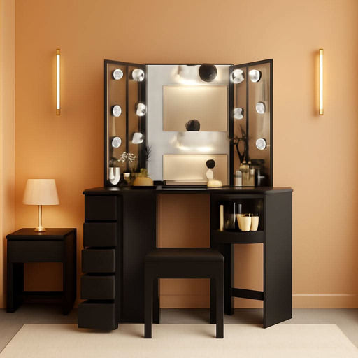 Corner Vanity and Stool, Corner Vanity Desk with Mirror and Lights, Corner Makeup Vanity with Power Outlet, 3 Color & Brightness Adjustable Light, Makeup Vanity for Girls and Women, Black